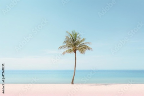 A solitary palm tree standing tall on a pristine beach. Soft pastel colors  with the sky painted in shades of pale blue and pink. The tranquil ocean extends to the horizon.