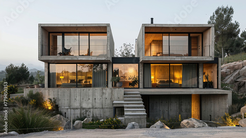 two four-story buildings of rectangular houses joined together with an open stairwell and large terraces the precast concrete façade rectangular windows located in a rural area with a paved road