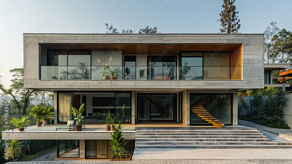 two four-story buildings of rectangular houses joined together with an open stairwell and large terraces the precast concrete façade rectangular windows located in a rural area with a paved road