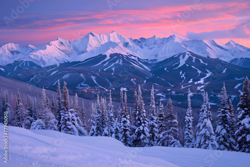 A breathtaking winter sunrise paints the sky in shades of pink and orange above snow-covered mountain peaks and a forested valley.