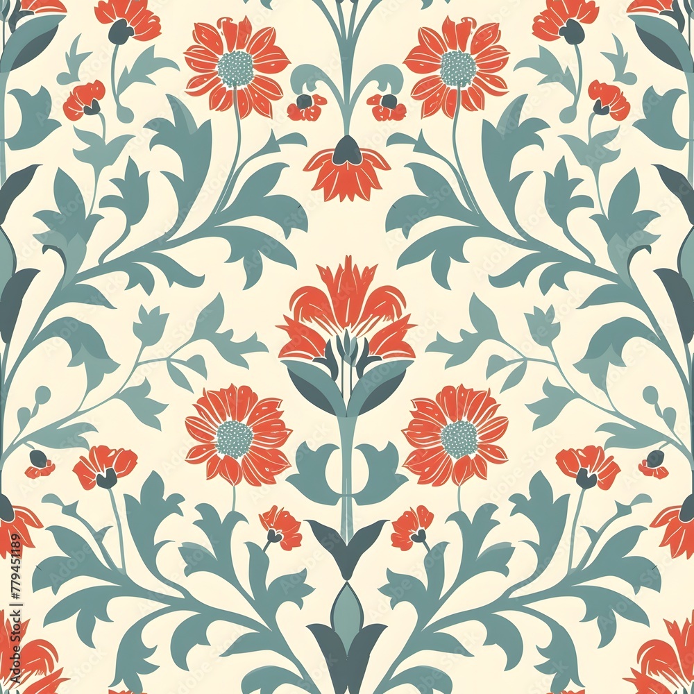 Cute Floral Pattern, turquoise and red, retro design, seamless pattern on cream background