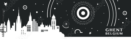 Ghent city vintage banner with abstract black and white cityscape and skyline. Retro vector horizontal illustration for Belgium town