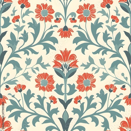 Cute Floral Pattern  turquoise and red  retro design  seamless pattern on cream background