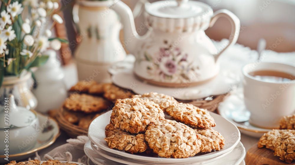 Homemade oatmeal cookies with banana, oats and nuts on a white plate on served table. Side view, country style. Healthy food. Oatmeal biscuits, tea cup and flowers on white table Homemade oatmeal cookies with banana, oats and nuts on a white plate on served table. Side view, country style. Healthy food. Oatmeal biscuits, tea cup and flowers on white table
