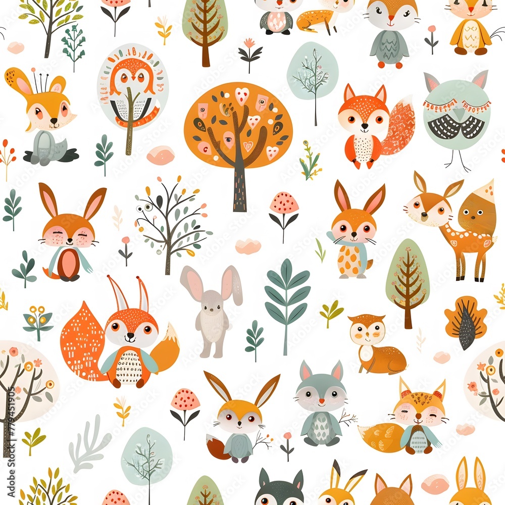 Cute forest animals in the style of quirky characters, on a white background Cute forest animals in the style of quirky characters, on a white background