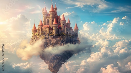 A fantastical castle floating in the sky on a cloud  AI generated illustration photo