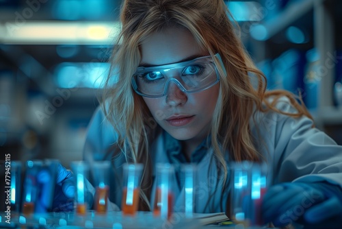 A woman with black hair, wearing a lab coat and goggles, is happily looking at test tubes on a tableware. Her electric blue eyelashes match her smile, creating a fun and engaging vision care moment