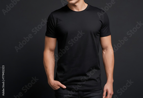 Man in black t-shirt, plain blank tshirt mockup, black tee, front view