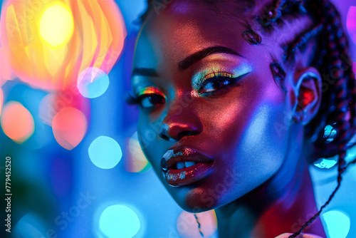 Black Woman in Nightclub.  Generated Image.  A digital rendering of a beautiful black woman in a nightclub with blacklight.