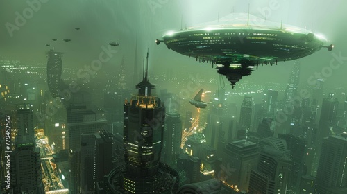 A flying object hovering above a futuristic city AI generated illustration