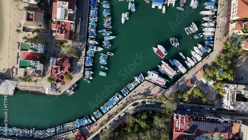 Drone eye view of a marina showcasing boats and yachts in Huatulco, Oaxaca, Mexican Pacific photo