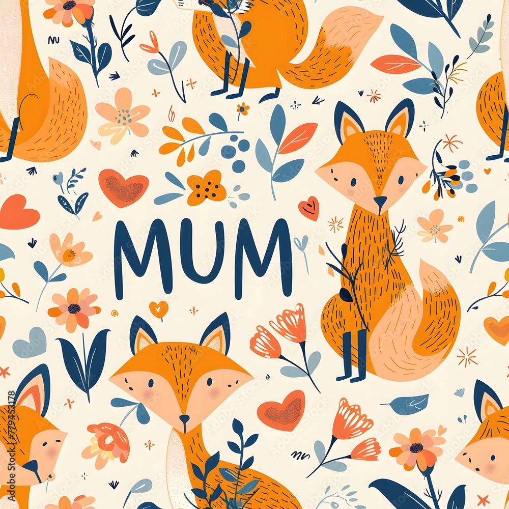 Cute Fox pattern with hearts and flowers