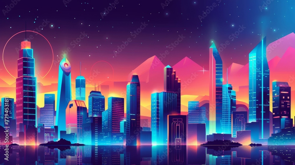 A futuristic cityscape rendered in a neon color palette  AI generated illustration