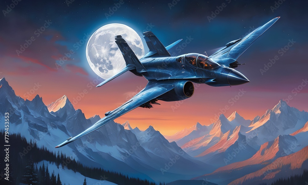 Obraz premium wallpaper, a fighter flying at high speed above the snowy Alps, lit by a full moon