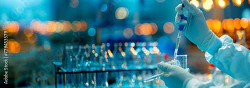 Illuminated lab, a scientist pipettes a liquid, vibrant colors depict modern research vibrancy. Banner. Copy space photo