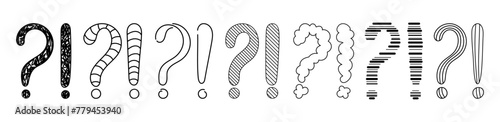 Doodle question and exclamation marks hand drawn sketch vector illustration set. Collection of various exclamation and question attention, asking, doubt and warning punctuation freehand scribbles.