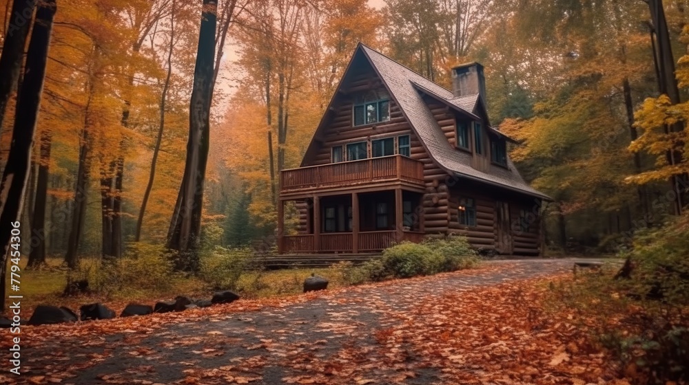 Wooden house in the autumn forest with fallen leaves on the ground Wooden house in the autumn forest with fallen leaves on the ground