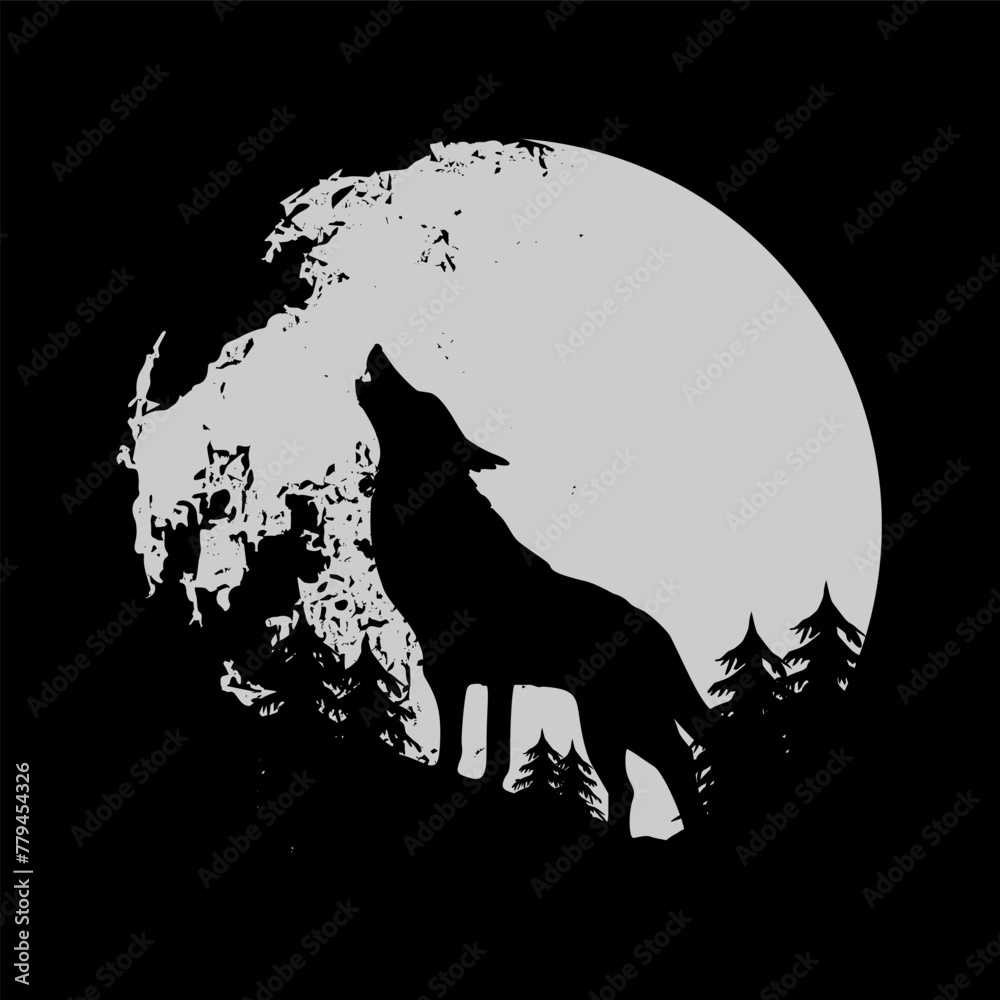 Fototapeta premium Vektor Silhouette Wolf vor Vollmond in den Wäldern - Design Element - Natur und Mythologie