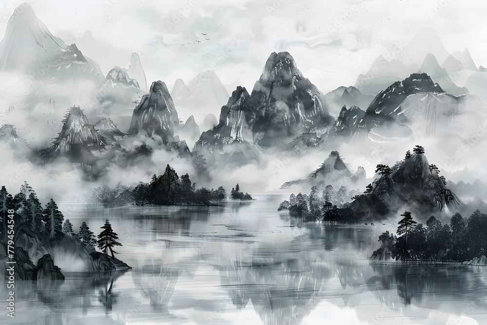 Monochrome ink painting reflecting traditional Chinese scenery, with mist-shrouded mountains, serene water, and sparse forestry, evoking a sense of tranquility.