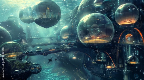 A futuristic underwater city with domes and tunnels AI generated illustration