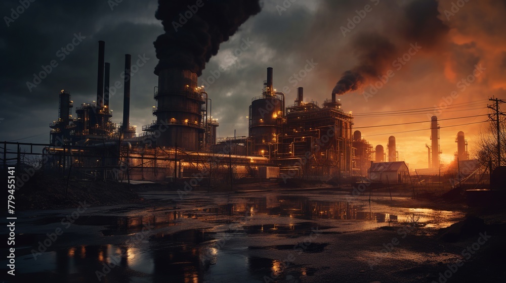Industrial landscape with smokestacks at sunset