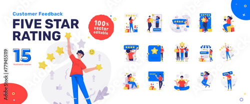 Customer feedback with giving five-star ratings illustration set