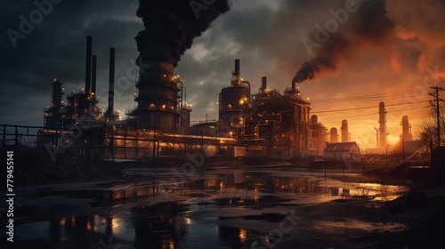 Industrial landscape with smokestacks at sunset
