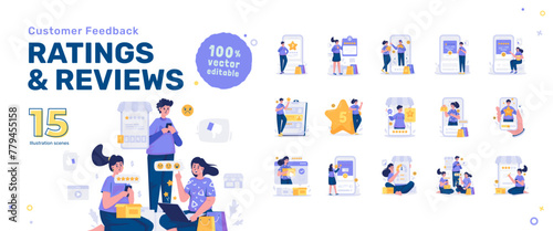 Customer experience feedback with giving ratings and reviews illustration set