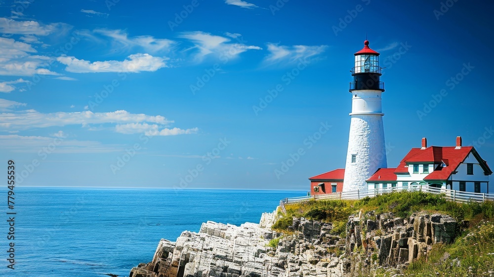 A historic lighthouse perched on a rocky cliff  AI generated illustration