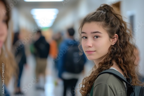 A teenage girl with curly hair carrying a backpack glances back with confidence amidst a blurry crowd of students in a school corridor.