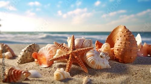 Seashells on the beach. Sea shells with sand as background