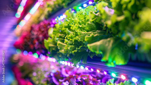 Vertical farm facility, showcasing rows of leafy greens and herbs growing vertically in stacked layers under artificial lighting, sustainable farming practices for urban agriculture food production photo
