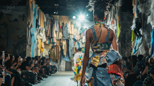 Fashion runway featuring models showcasing upcycled garments created from repurposed materials such as discarded denim, vintage fabrics, and reclaimed textiles, creativity and innovation of upcycling