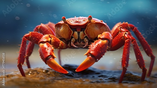 Close-up of red crab in water on dark blue background. photo