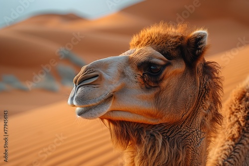 A closeup of a camels eye in the desert landscape, with the sky and aeolian landforms in the background. The camel is a terrestrial animal and working livestock commonly found in arid regions © RichWolf