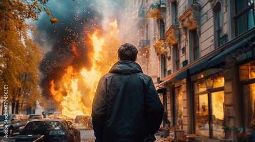 A man in a black coat stands in the middle of a burning city street.