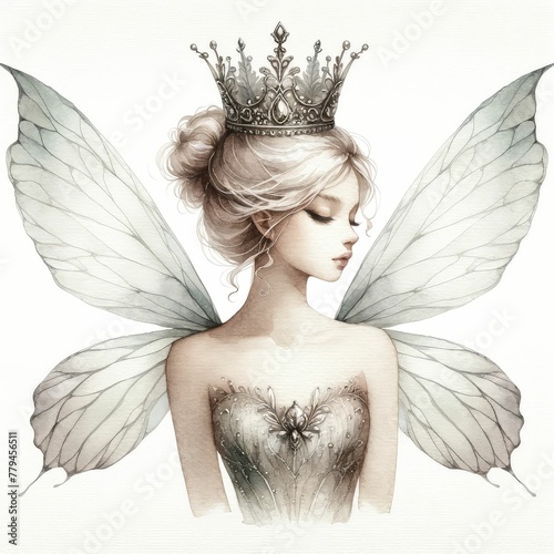 Fairy queen with a royal crown.  watercolor illustration, Perfect for nursery art, fantasy monarch kingdom a queen in crown and mantle. white background.