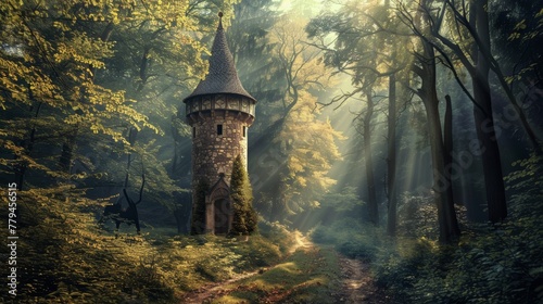 A magical wizards tower in a mystical forest AI generated illustration