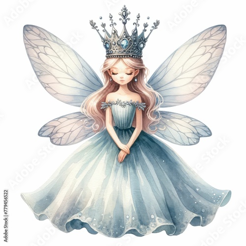 Fairy queen with a royal crown.  watercolor illustration, Perfect for nursery art, fantasy monarch kingdom a queen in crown and mantle. white background. photo