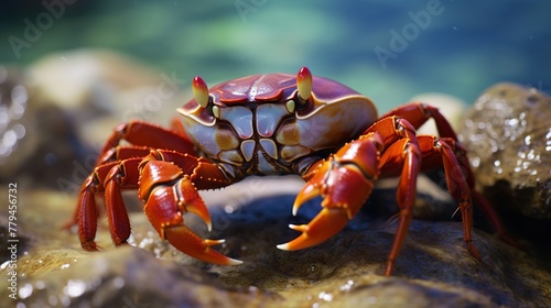 Close-up of red crab in water on dark blue background. © danang