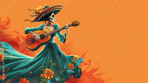 Day of the Dead. Mexican skeleton playing guitar.