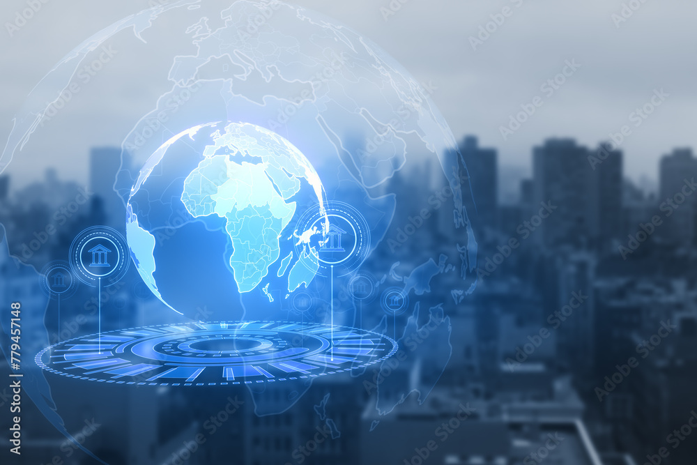 Creative globe hologram with bank icons on blurry city wallpaper. Global banking and innovation concept. Double exposure. Creative globe hologram with bank icons on blurry city wallpaper. Global banking and innovation concept. Double exposure.