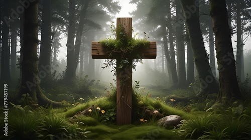 Wood easter cross overgrown with plants
 .Generative AI