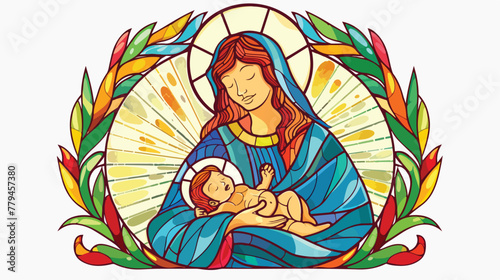 Mother of God the birth of Jesus stained glass illustration