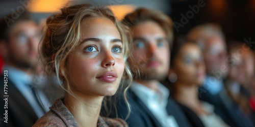 A lady with electric blue hair coloring is in a row of people, sharing fun in their eyewear while watching an entertainment event. Photo caption Woman with striking hair and eyelash