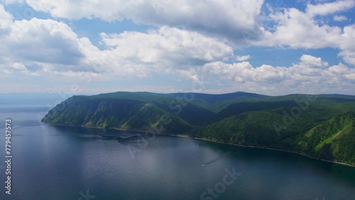 Wallpaper Mural "Capture the breathtaking beauty of Lake Baikal and the Angara River from above in stunning aerial footage. Ships and boats glide through the crystal-clear waters, offering fantastic views. Torontodigital.ca