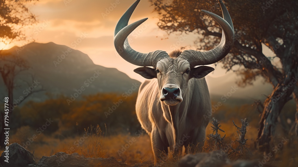 Naklejka premium Buck in the savannah at sunset