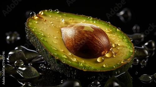 Avocado with leaves on a black background. Selective focus.