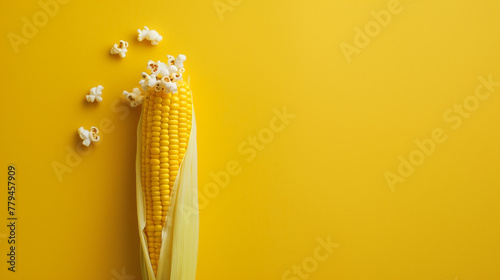 An ear of corn with popcorn flying out on a solid yellow background. Flat lay. Minimal food idea. Web banner with empty space fot text.  photo