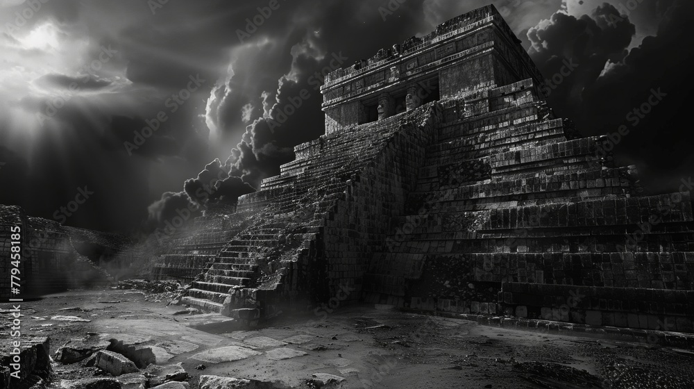 A monochromatic study of a Mayan temple  AI generated illustration